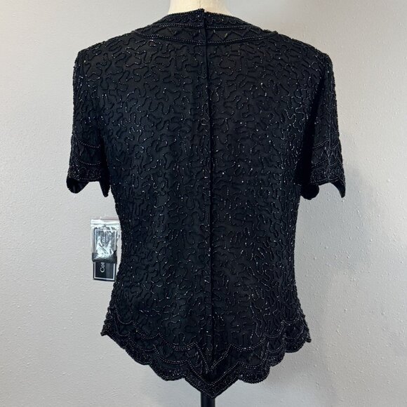 Cote D Azur Evening Womens M Black Beaded Silk Blouse Short Sleeve Back Zip NWT - Picture 2 of 16